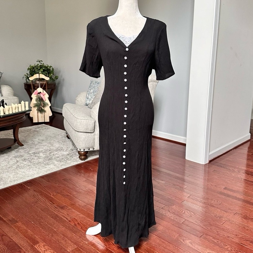 Studio 1940 Black White Lace Short Sleeve Tie Back Prairie Maxi Dress